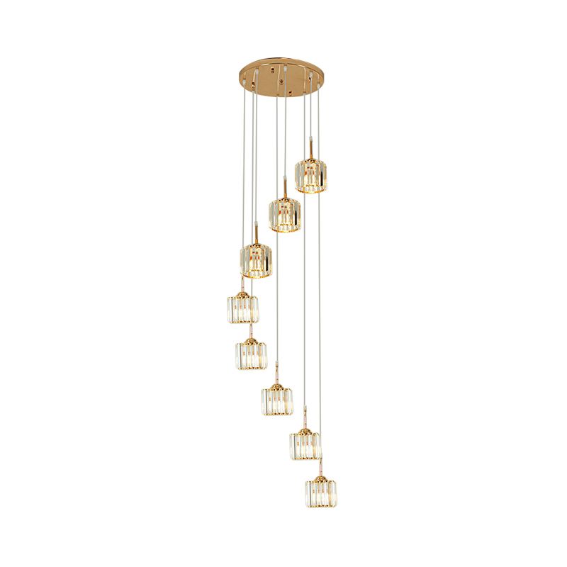 Gold 8 Bulbs Ceiling Light Modernism Crystal Mini Drum Multi Lamp Pendant with Spiral Design