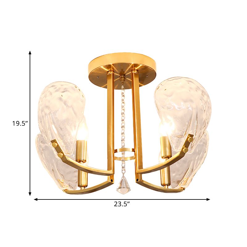 4 Bulbs Metal Semi Mount Lighting Contemporary Gold Candle Sleeping Room Ceiling Flush with Crystal Petal Shade