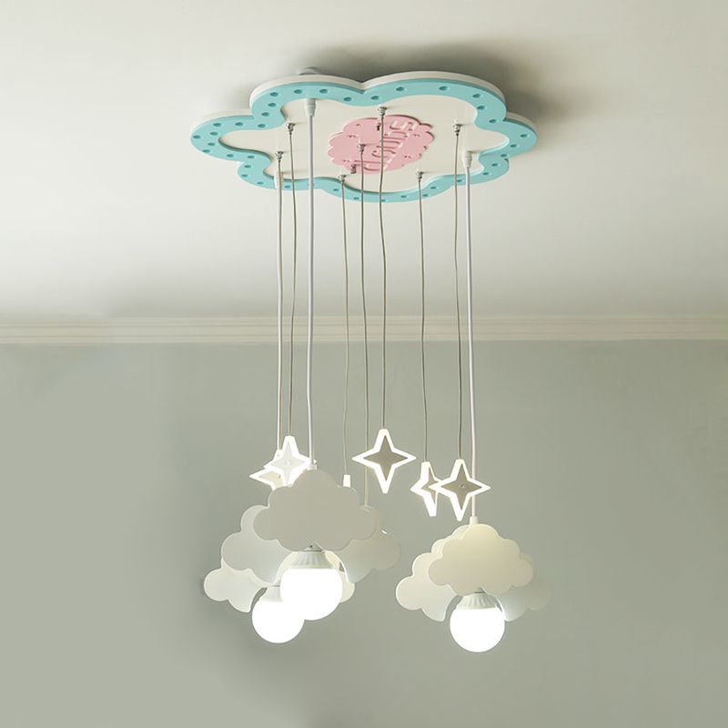 Wooden Cloud Cluster Pendant Light Kids 3 Bulbs Blue and White Suspension Lamp for Nursery