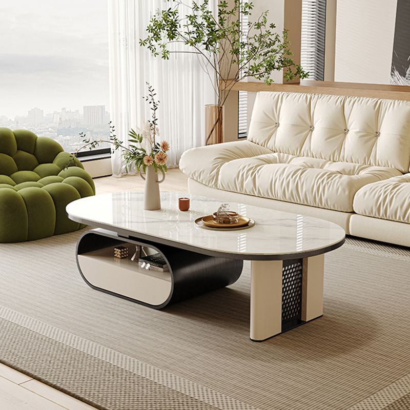 15"H Glam Cocktail Table Storage Oval Stone Coffee Cocktail Table