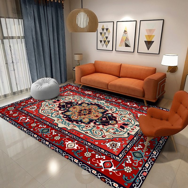 Moroccan Red Tone Carpet Medallion Print Area Rug Polyester Anti-Slip Backing Carpet for Home Decor