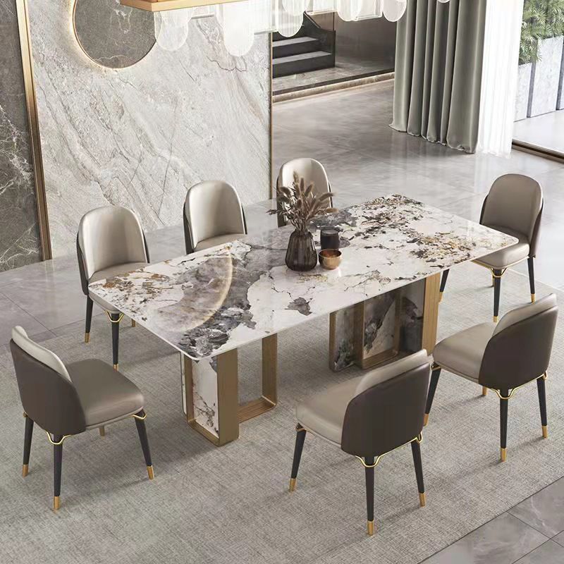 Modern Rectangle Double Pedestal Table Stainless Steel Base Dining Table