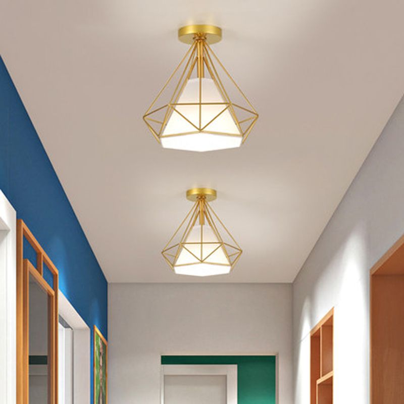 Einzel-Bulb-Diamant Deckenlampe Vintage Metall Halbmontage Beleuchtung mit Stoffschatten im Inneren