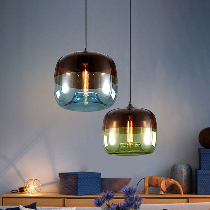 Drum Pendant Ceiling Light Postmodern Blue/Green-Brown Glass 1 Bulb Dining Room Suspension Lamp with Recessed Bottom