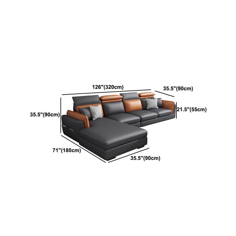 Scandinavian Dark Gray Cushion Back Faux Leather Storage Sofa & Chaise