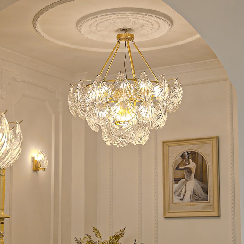 American Shell Chandelier Glass Multi Light Hanging Light in Gold for Bedroom