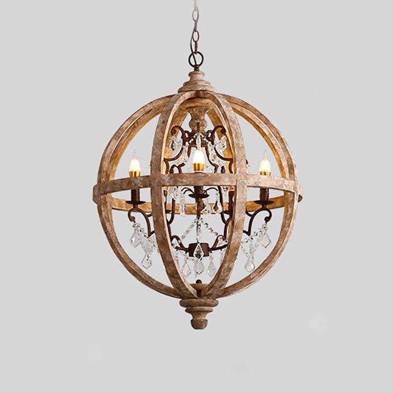 French Retro Chandelier Wood Crystal Pendant Light Fixture for Bedroom Living Room