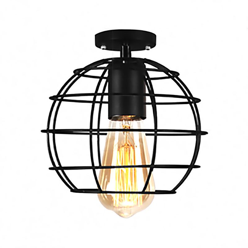 Global/Barrel Iron Semi Flush Mount with Wire Guard Farmhouse Style 1 Light Coffee Shop Ceiling Light in Black