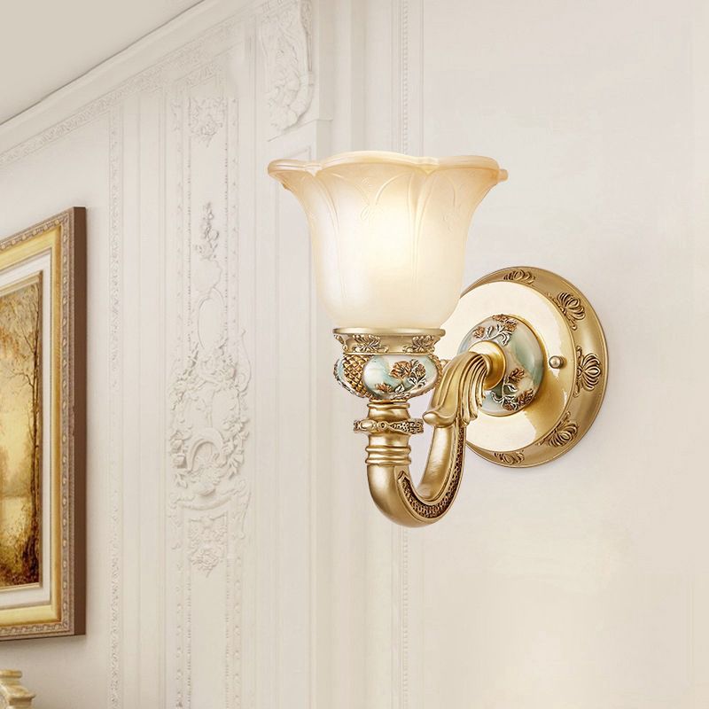 1 Bulb White Glass Wall Sconce Traditional Gold Floral Shade Dining Room Sconce Light with Arched Arm