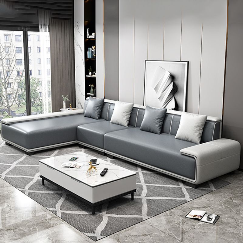 Faux Leather Sofa & Chaise with Pillows Modern U Sofa in Gray - 29.53" H