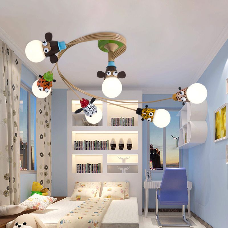 Cartoon Curred Cosil Hang Fixture Bedroomet Metal Semi Flush Mount Light in Coffee