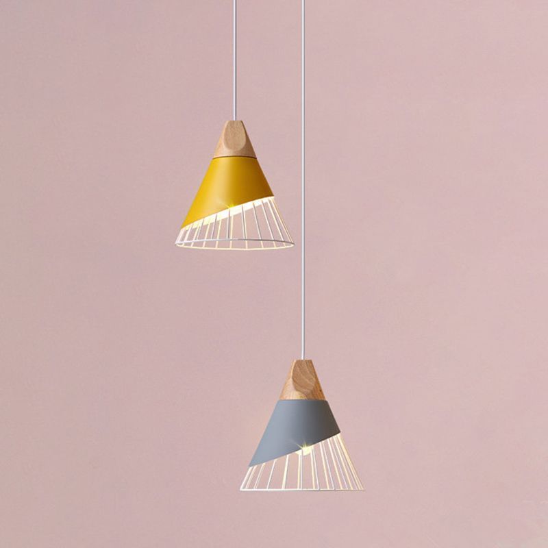 Metal Tapered Hanging Light Nordic Modern 1 Light  Restaurant Ceiling Pendant Lamp with Wooden Top