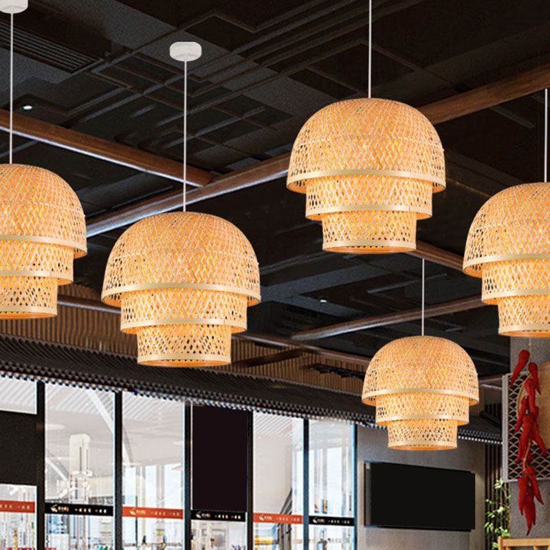 Single Restaurant Down Lighting Pendant Asian Wood Hanging Lamp with Tiered Bamboo Shade