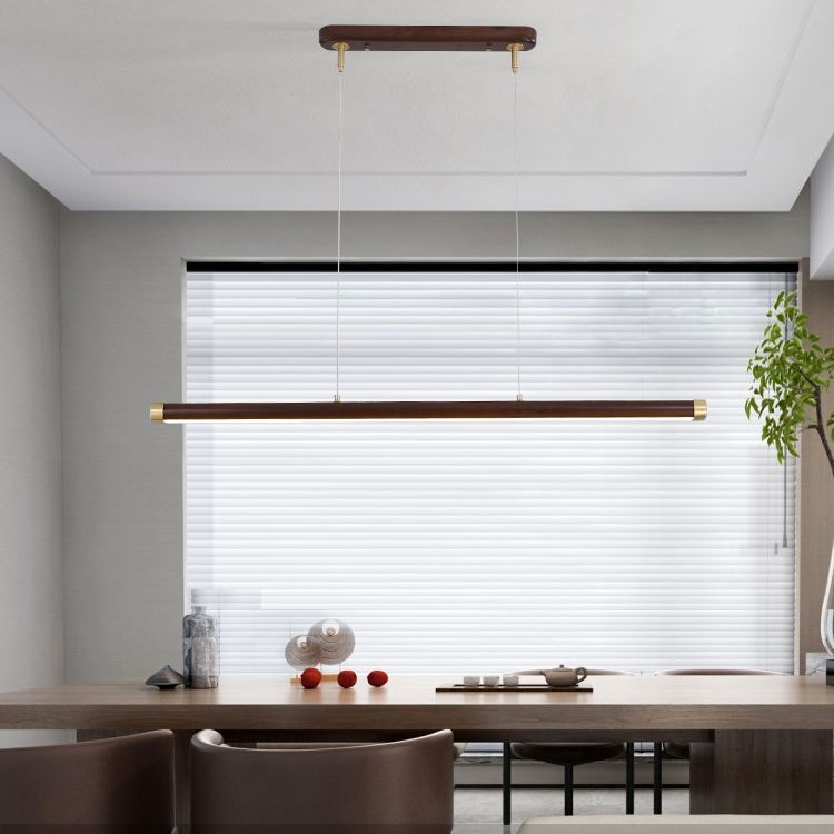 Modern Wood Chandelier Lamp 1-Light Linear LED Island Pendant for Study Room
