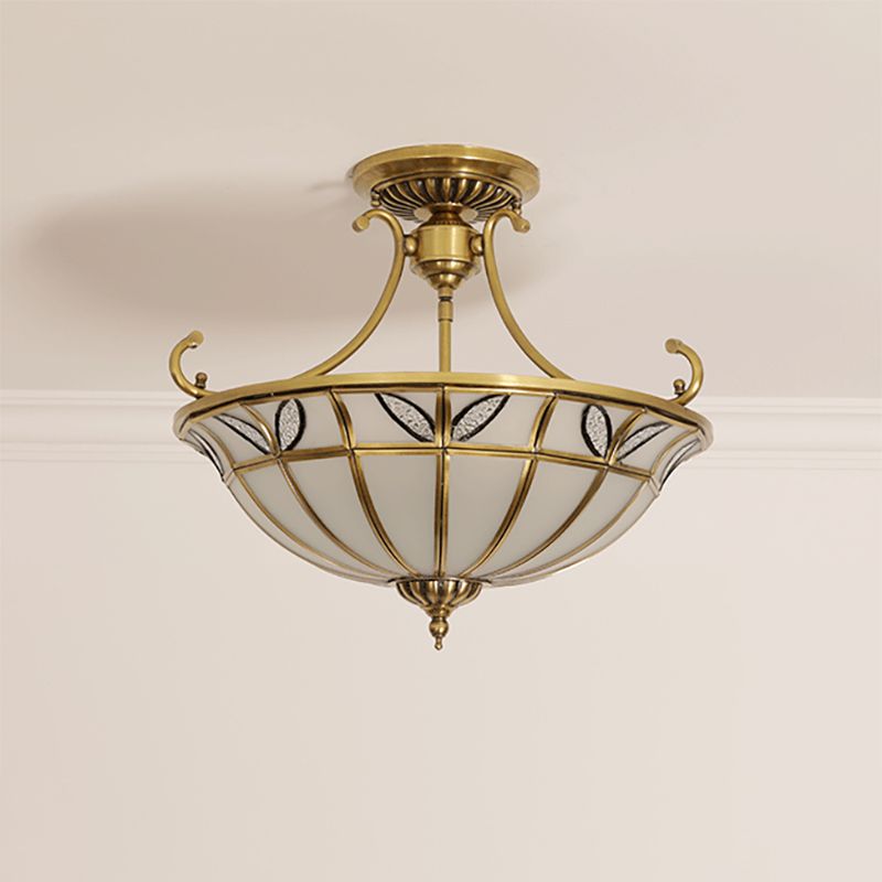 Brass 3 Heads Semi Flush Light Colonialism Sandblasted Glass Dome Ceiling Fixture for Porch