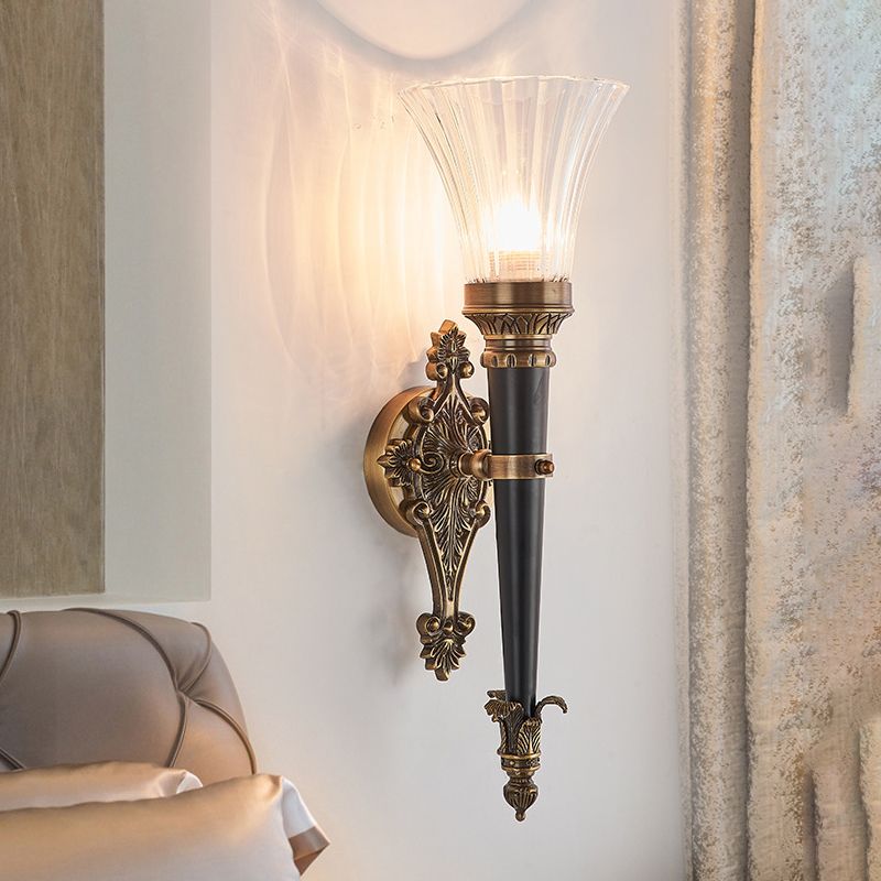 1 Light Wall Lighting Lodge Flared Prismatic Translucent Glass Wall Sconce Lamp in Brass with Pencil Arm