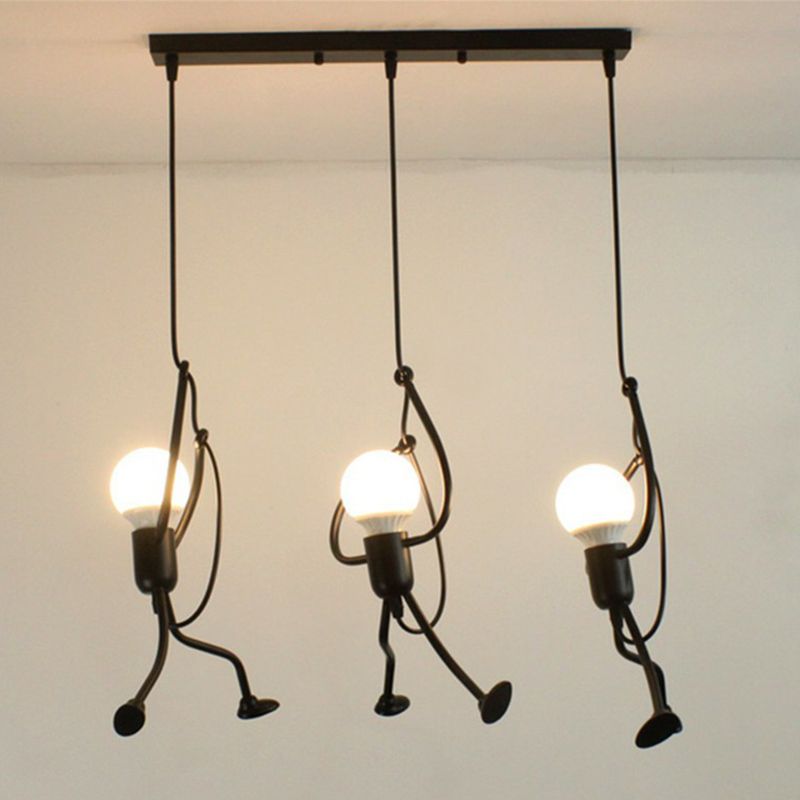 Black Stick Figure Multi Ceiling Light Decorative 3-Bulb Metal Hanging Light Fixture