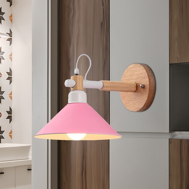 Macaroon Pyramid Shape Wall Sconce Metal and Wood 1 Light Wall Lamp for Dining Room