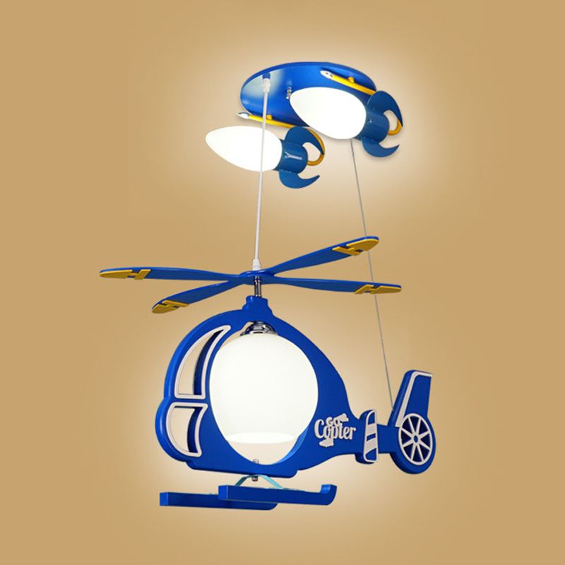 Copter Aircraft Boy's Room Ceiling Light Cream Glass 5-Light Kids Flush Mount Chandelier in Blue