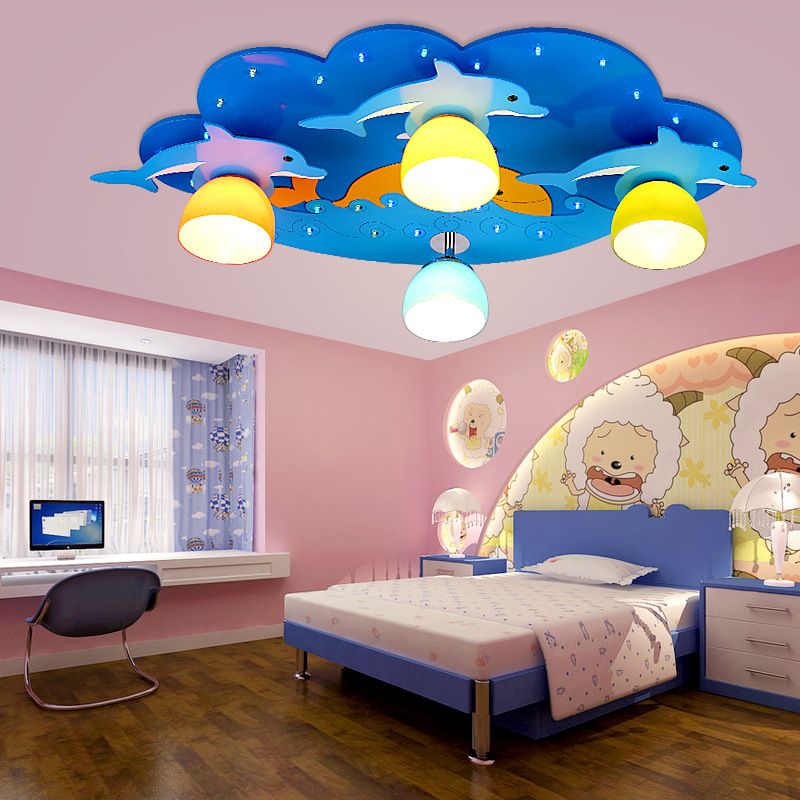 Nautical Style Sea Ceiling Light with Dolphin 4 Lights Wood Flush Mount Light in Blue for Kindergarten