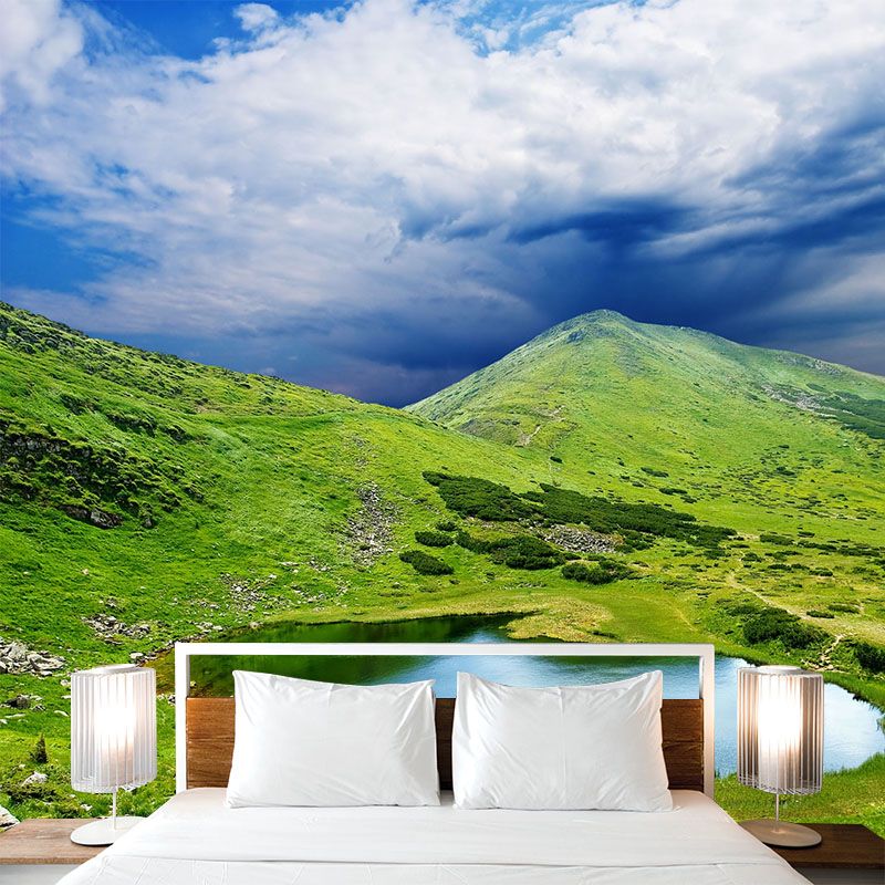 Beautiful Lake in Mountain Mural for Bedroom Landscape Wall Art in Green, Made to Measure