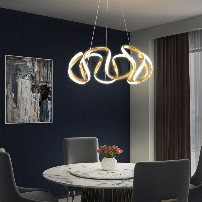 Adjustable Hanging Cord Chandelier Light Modern Simplicity Symmetrical Curves Metal Ceiling Pendant for Restaurant