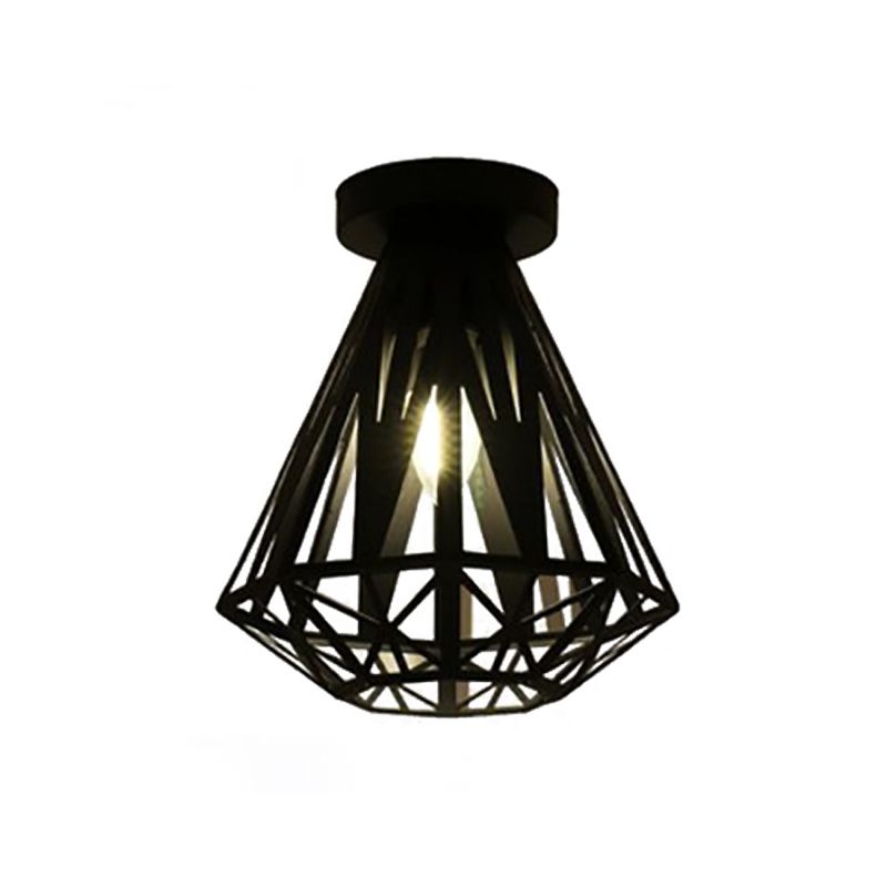 Luminaire encastré à cage métallique avec abat-jour en diamant, éclairage de plafond de couloir à 1 ampoule de style loft en noir