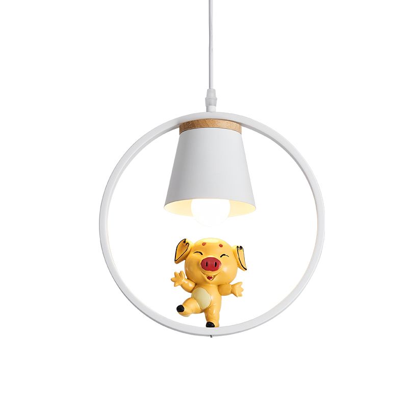 Pig Resin Pendant Lighting Cartoon 1-Light Yellow Suspension Lamp with White Ring