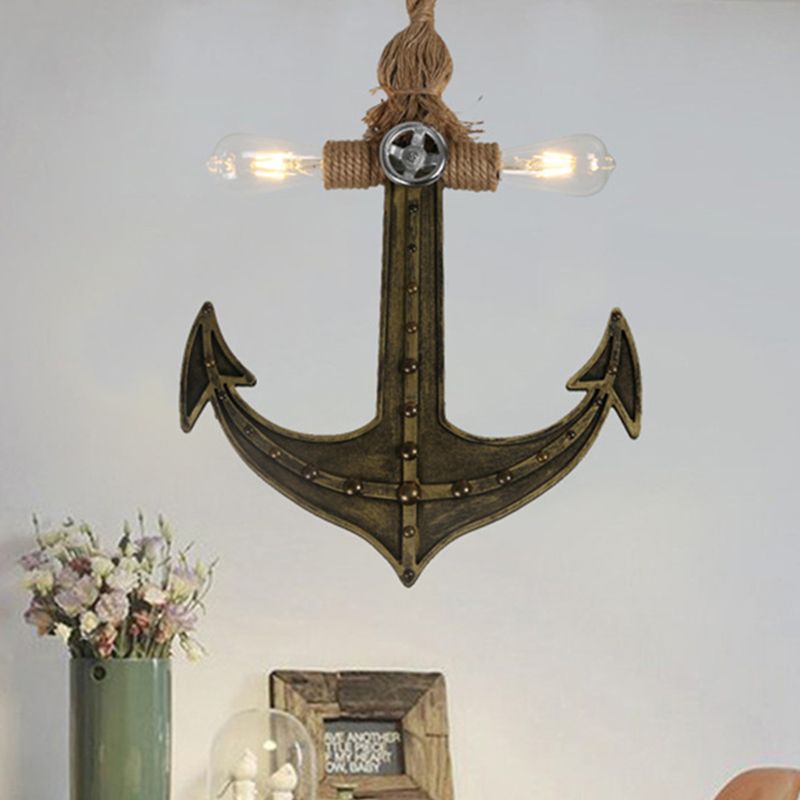 2-Light Exposed Bulb Chandelier Coastal Antique Bronze/Silver Gray Rope Pendant Light Fixture for Dining Room