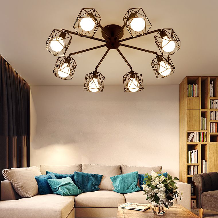 Black Caged Semi Flush Ceiling Light Industrial Metal Living Room Ceiling Mount Lighting