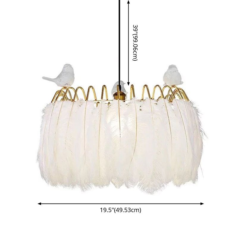 Drum Hanging Light Fixture Modern Feather Living Room Ceiling Pendant Lamp in White