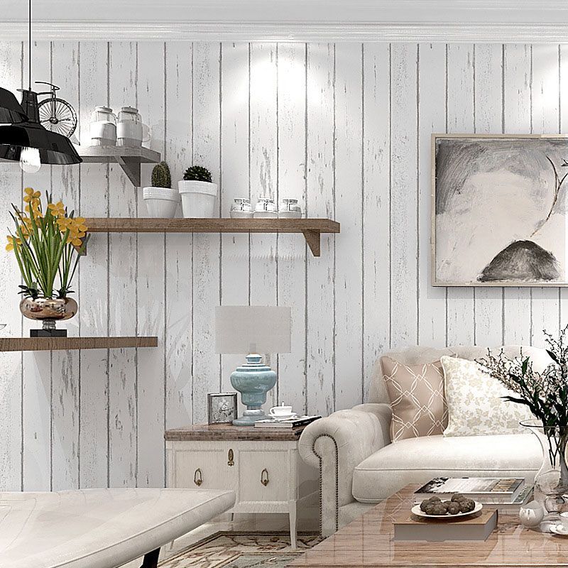 Plain White Wood Wallpaper Vertical Stripe Non-Pasted Decorative Wall Covering