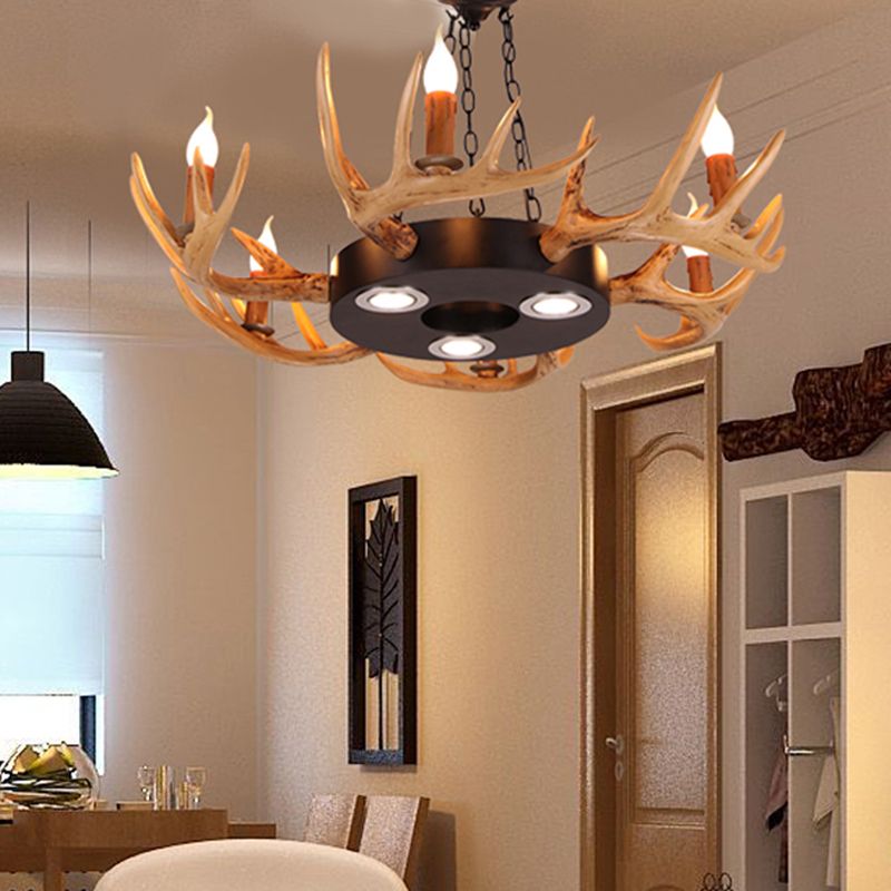 6 Lights Resin Chandelier Lamp Village Wood Candelabra Living Room Down Lighting Pendant