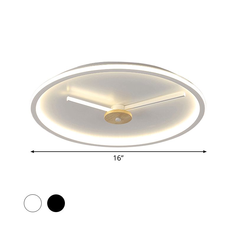 Modern Horologe Ultrathin Flushmount Iron Bedroom 16"/19.5" W LED Ceiling Light in Black/White with Hour Hand Adjustable Design