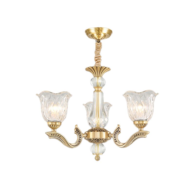 3 Lights Chandelier Lighting Antique Scalloped Clear Crystal Glass Suspension Lamp in Gold