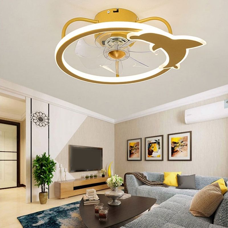 Dolphin Ceiling Fan Light Fixture Cartoon Acrylic Nursery LED Semi Flush Light