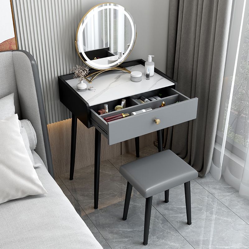 Modern Compact Makeup Vanity 1/2 Drawers Dressing Table with Padded Stool
