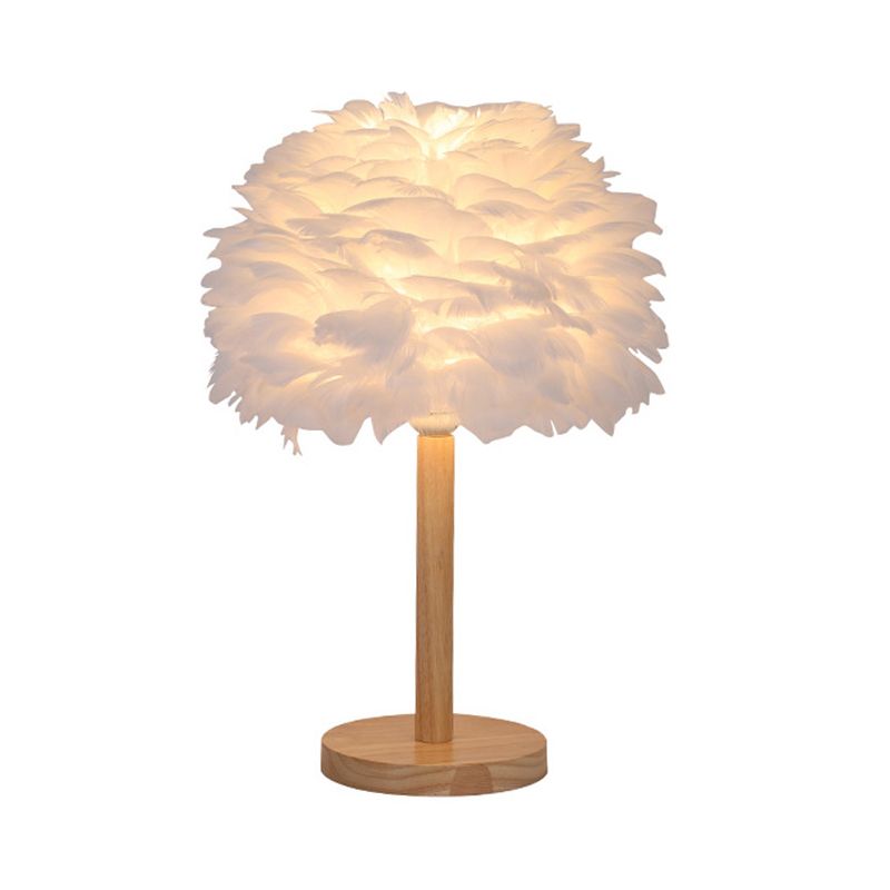 Dome Nightstand Light Nordic Feather Single Bedside Table Lamp in Pink/White/Grey with Wood Pole