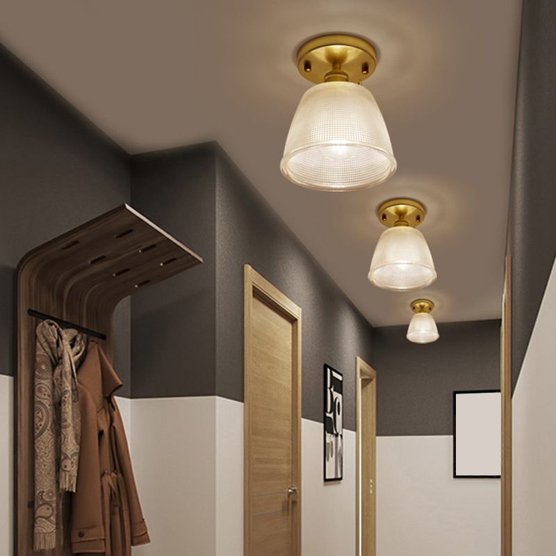 Gold Tapered Semi Flush Mount Minimalist Prismatic Glass 1 Head Corridor Ceiling Mounted Light