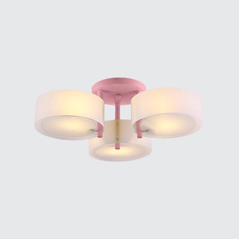Macaron Semi Flush Mount Drum Light Shade 3 lumières Plafond de plafond en verre givré pour chambre d'enfant