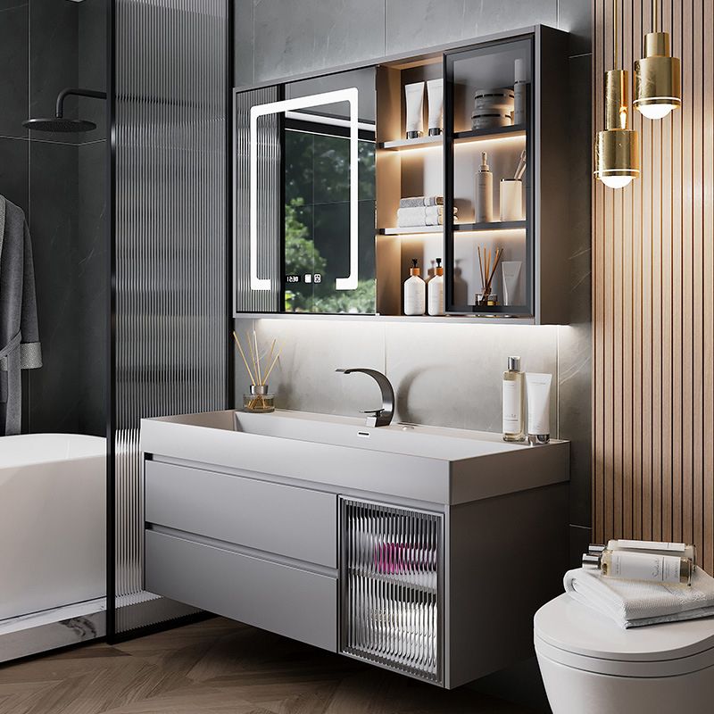 Contemporary Vanity Sink Wooden Wall-Mounted Bathroom Vanity Cabinet in Gray