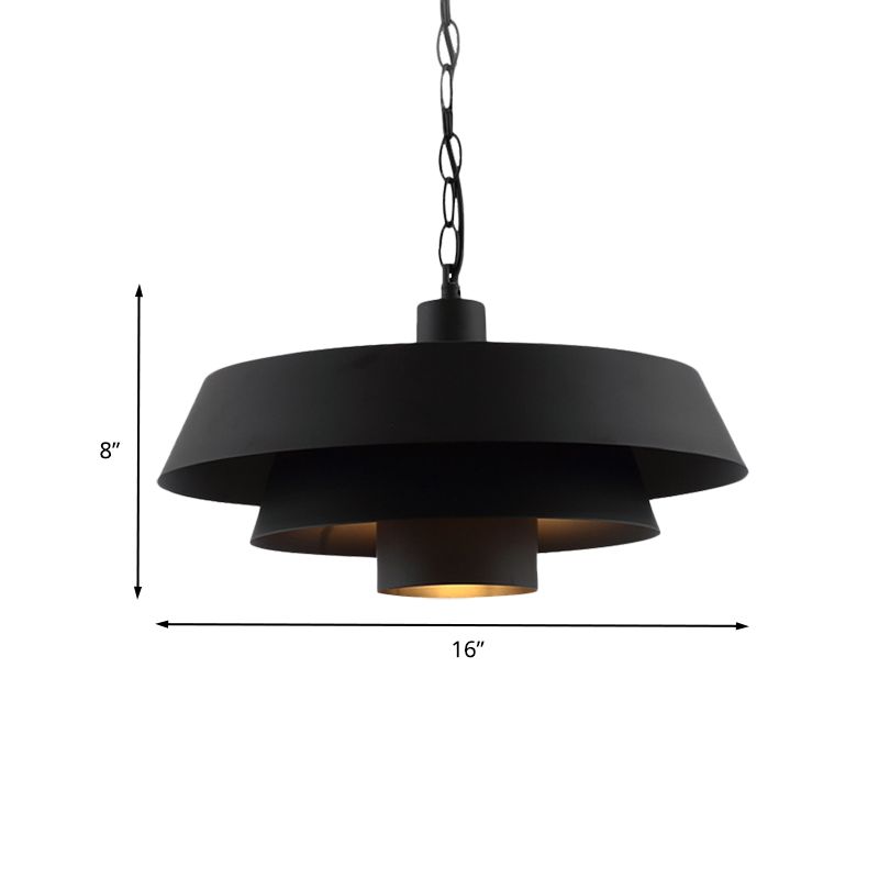 2-Layer Pan Restaurant Pendant Vintage Iron 1 Head Black Finish Ceiling Hang Fixture
