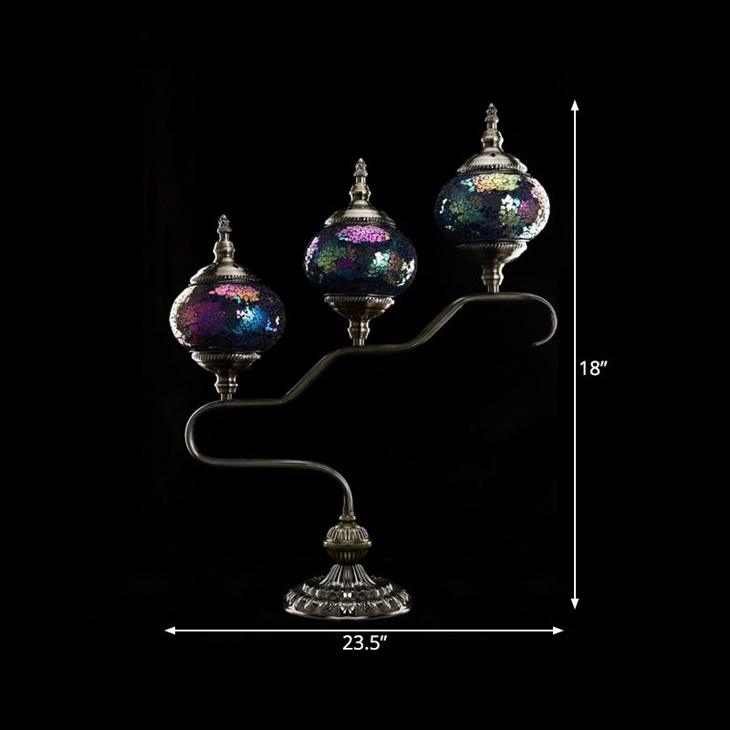 3 Heads Stained Glass Night Light Mediterranean Red/Orange/Blue Tower Bedroom Table Lamp with Step Design