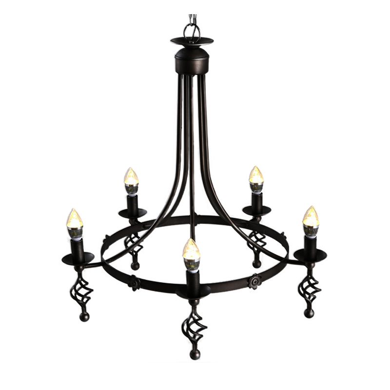 5 Lights Round Chandelier Lamp Country Metal Hanging Pendant Lighting in Black for Bedroom