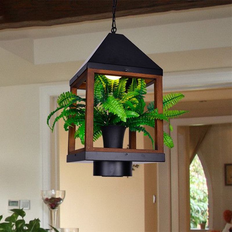 1 Bulb Pavilion Pendant Lamp Factory Black Metallic Hanging Light Fixture with Bonsai for Dining Room