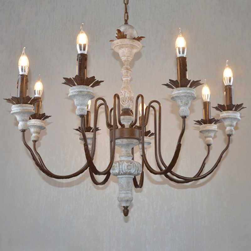Rustic Candlestick Pendant Light Fixture Wooden Chandelier in Distressed White