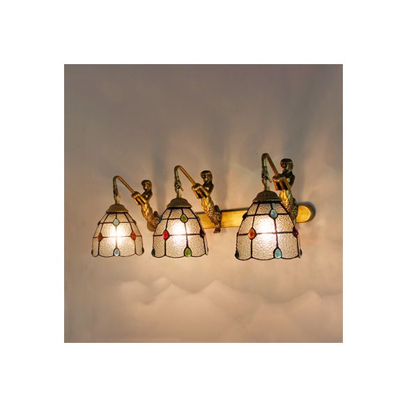 Jeweled Wall Light Fixture 3 Heads Yellow-White/Clear/Yellow-Blue Glass Tiffany Sconce Lighting with Mermaid Backplate