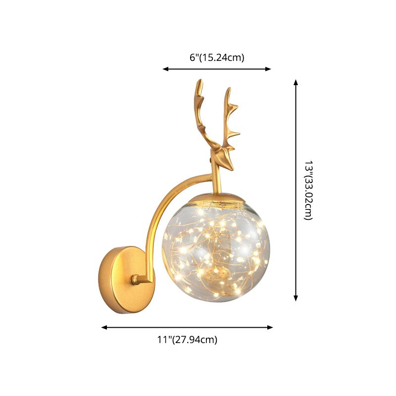 Glass Globe LED Wall Lamp in Modern Fashionable Wrought Iron Wall Sconce with Antler Decoration