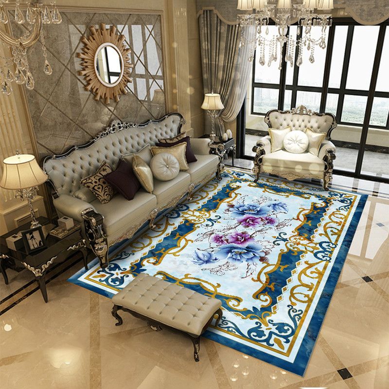 European Flower Pattern Carpet Polyester Area Rug Non-Slip Backing Area Rug for Living Room