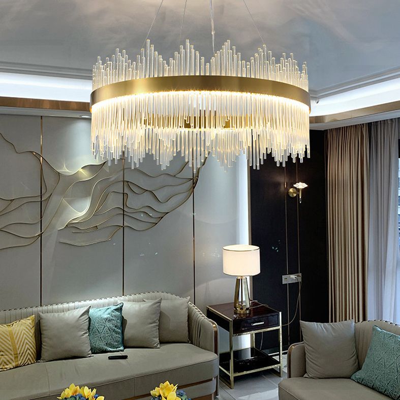 Modern Simplicity Drum Pendant Chandelier Clear Crystal Glass Hanging Light Fixture for Living Room